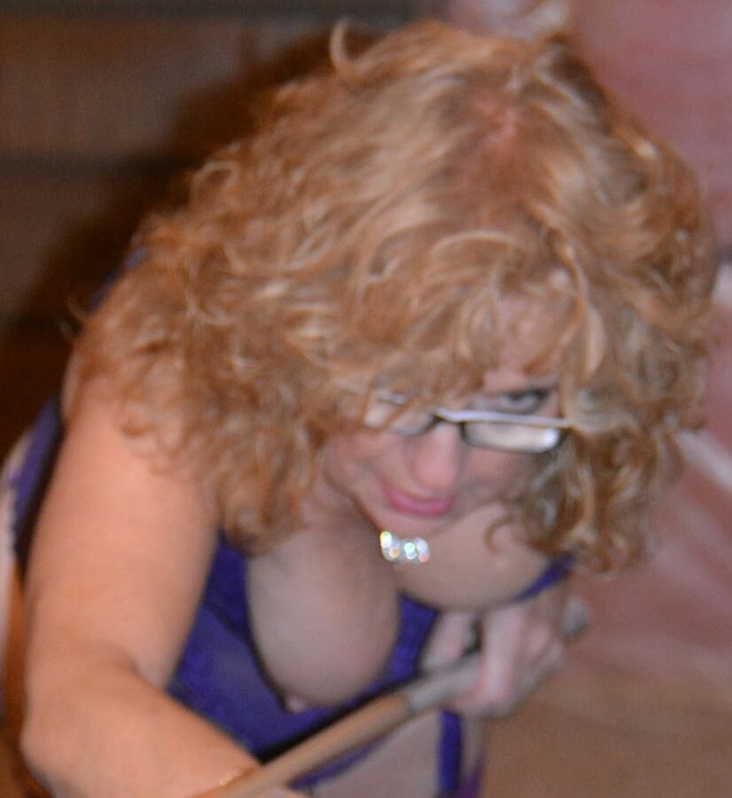 Playing pool in Purple Bustier