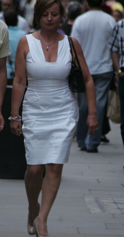 blond in white dress and pantyhose