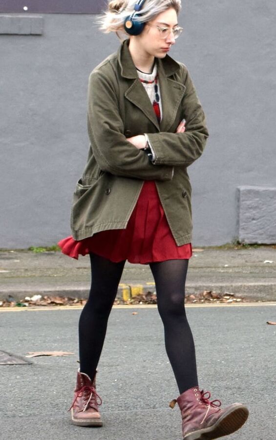 Street Pantyhose - Skinny Legged Nerd in Black Opaques