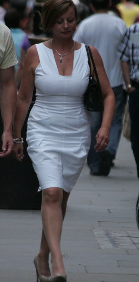 blond in white dress and pantyhose