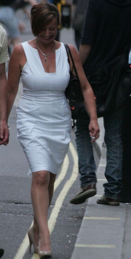 blond in white dress and pantyhose