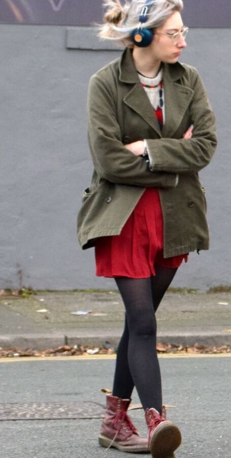 Street Pantyhose - Skinny Legged Nerd in Black Opaques