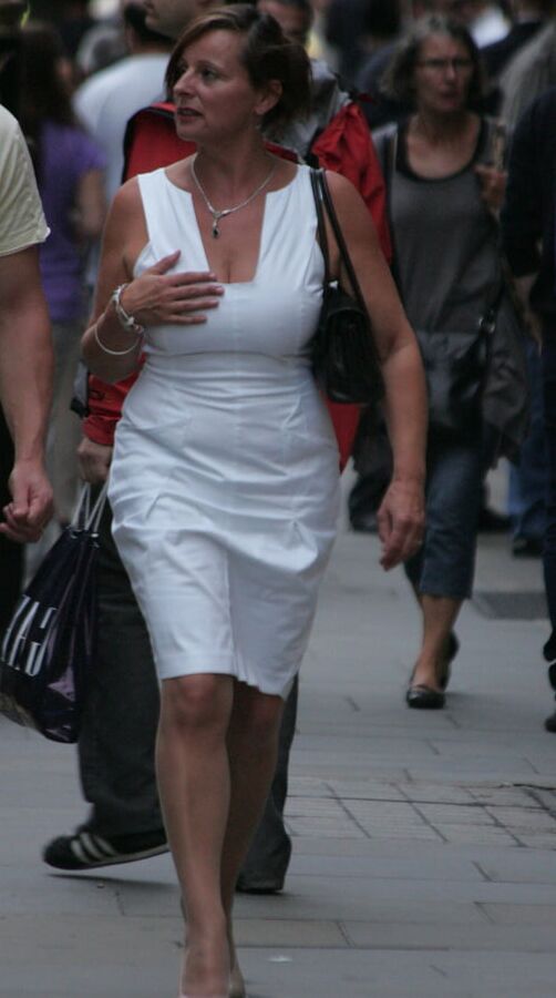 blond in white dress and pantyhose