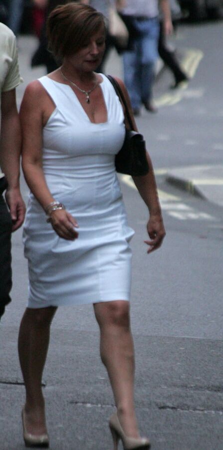 blond in white dress and pantyhose