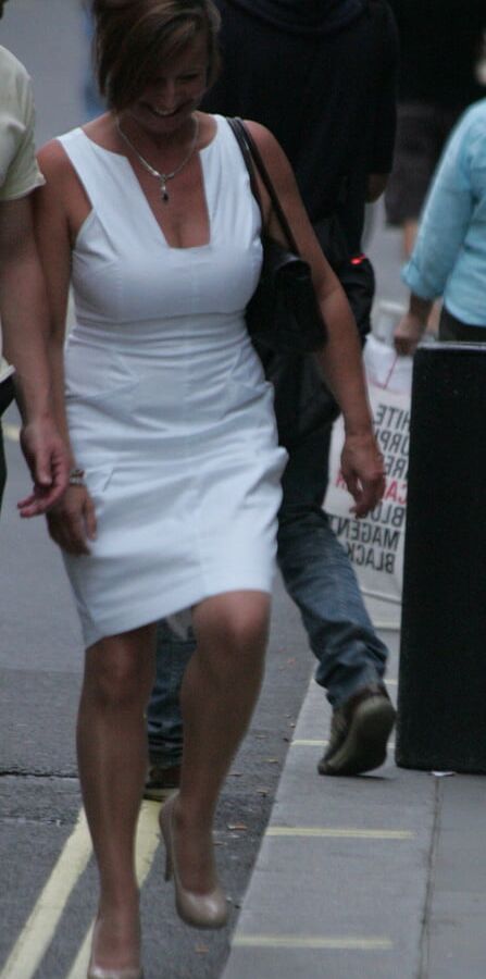 blond in white dress and pantyhose
