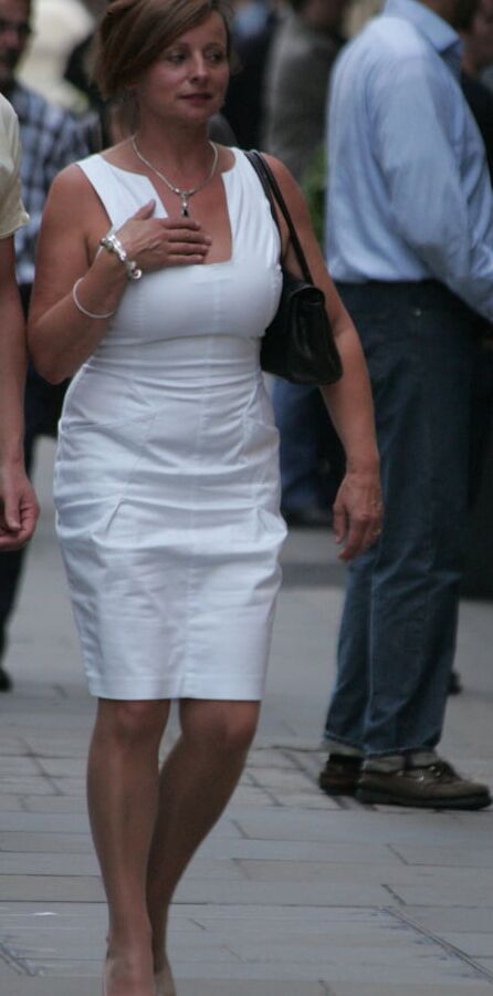 blond in white dress and pantyhose