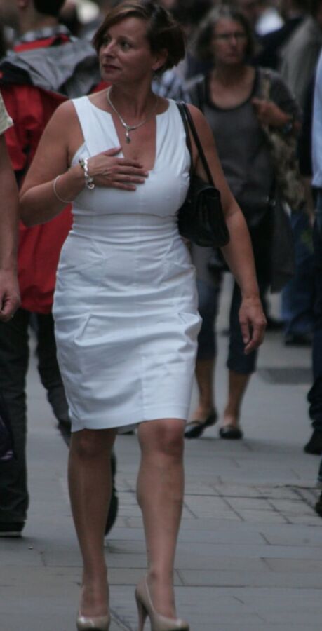 blond in white dress and pantyhose