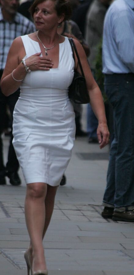 blond in white dress and pantyhose