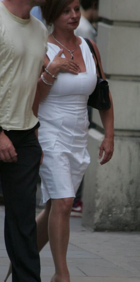blond in white dress and pantyhose