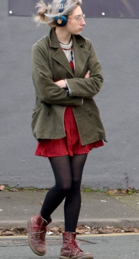 Street Pantyhose - Skinny Legged Nerd in Black Opaques
