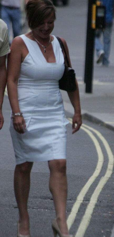 blond in white dress and pantyhose