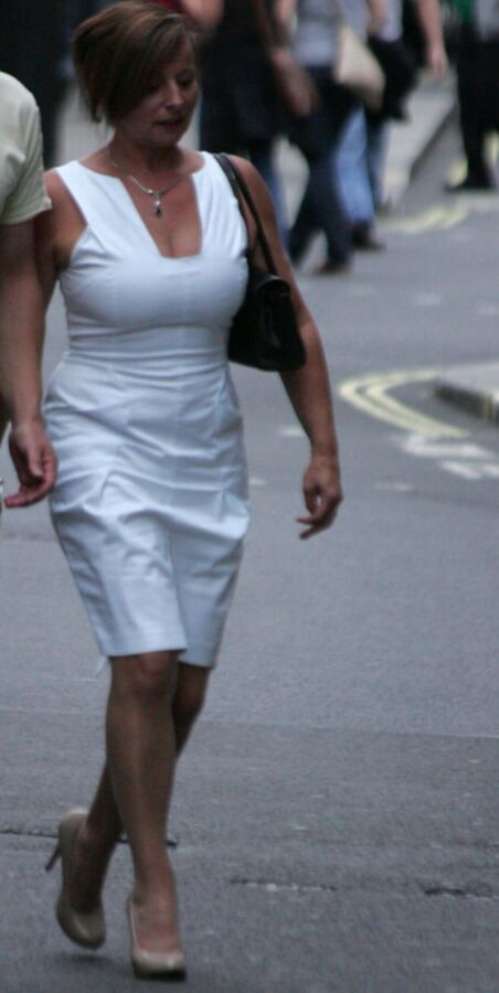 blond in white dress and pantyhose