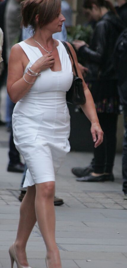 blond in white dress and pantyhose