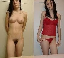 Dressed undressed amateurs with a lovely hairy pussy on show