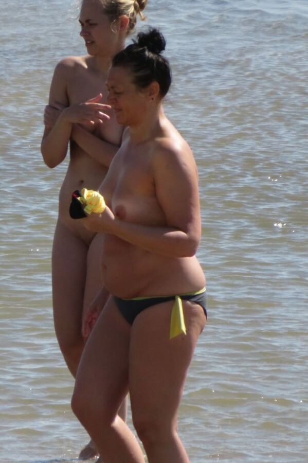 Embarrassed Nudist Slut on the Beach with Mom CFNF OON