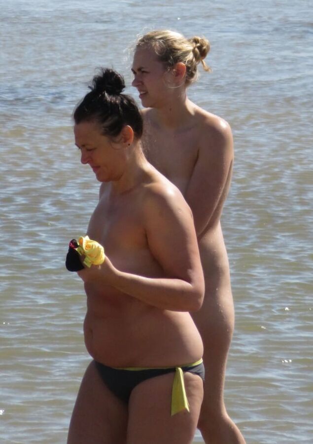 Embarrassed Nudist Slut on the Beach with Mom CFNF OON