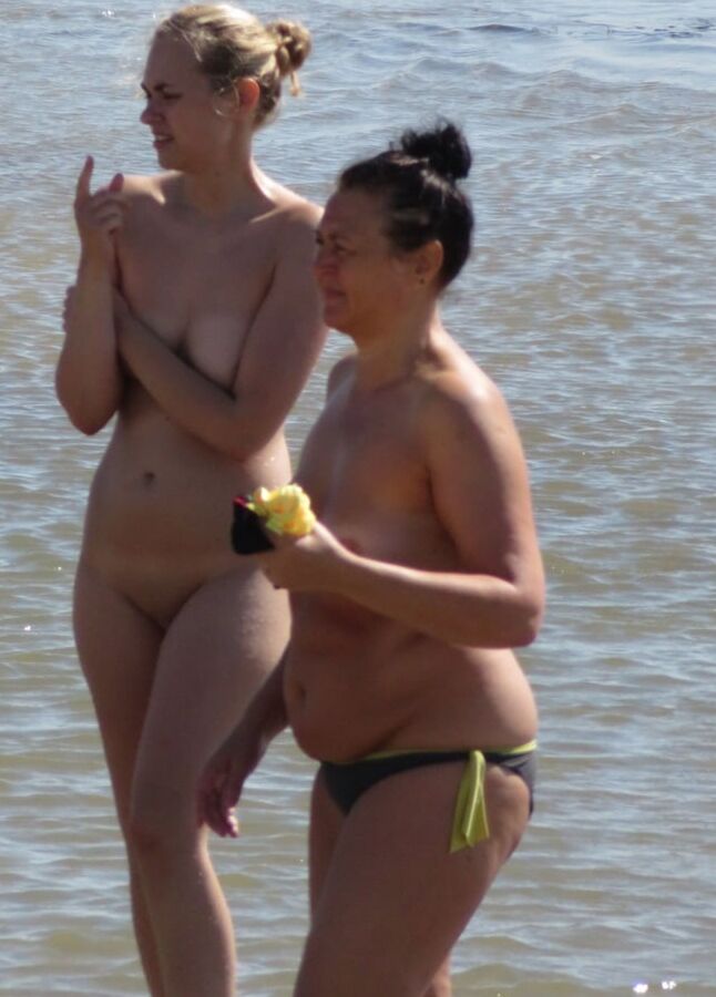Embarrassed Nudist Slut on the Beach with Mom CFNF OON