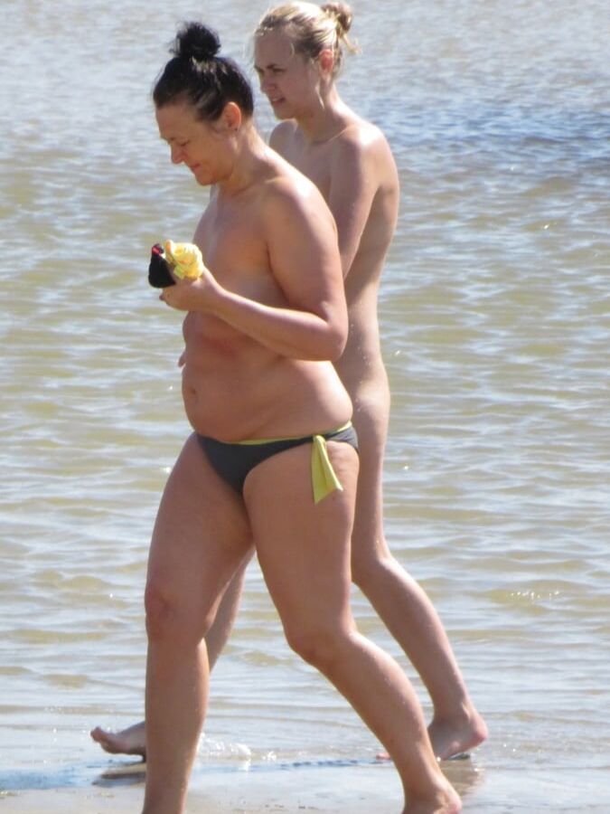 Embarrassed Nudist Slut on the Beach with Mom CFNF OON