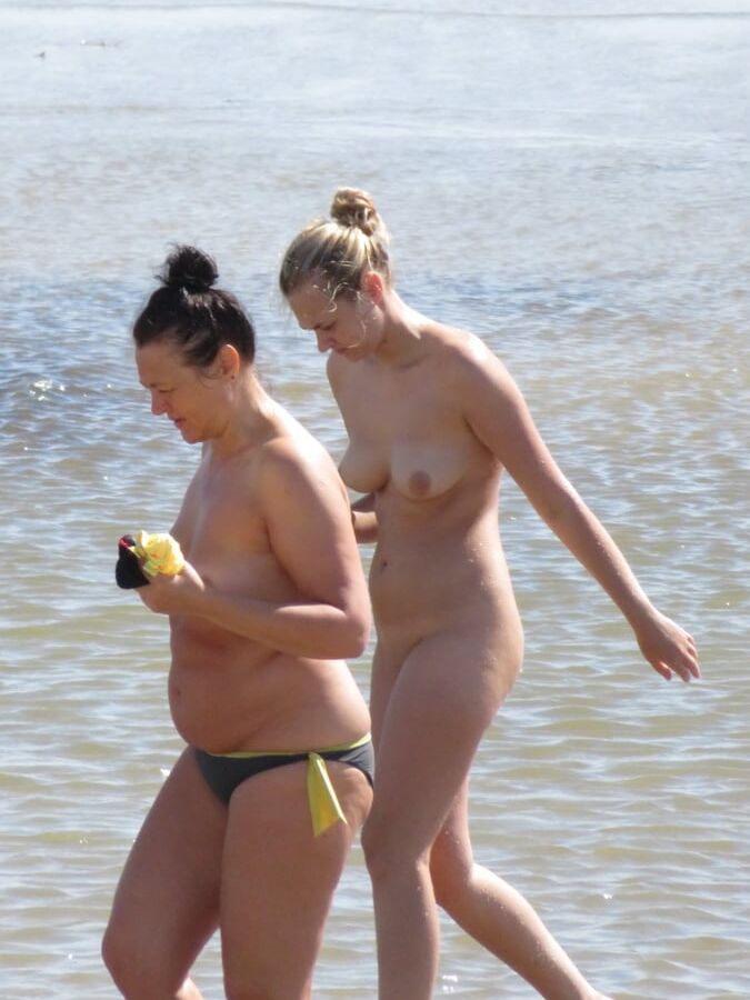 Embarrassed Nudist Slut on the Beach with Mom CFNF OON