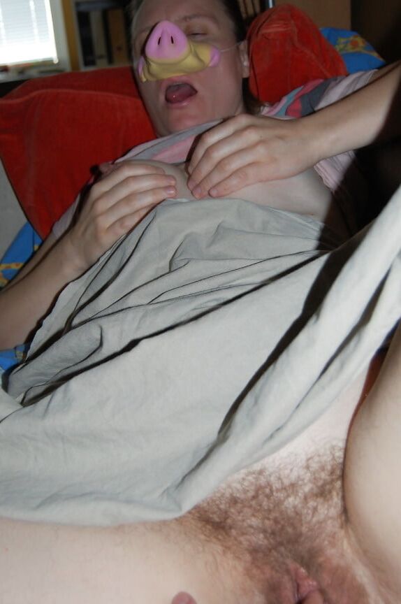 Pig nosed hairy ass and pussy dildo slut