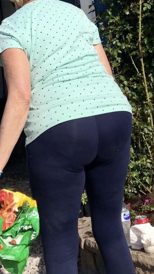 Mature wife Rose gardening in spandex pantyline