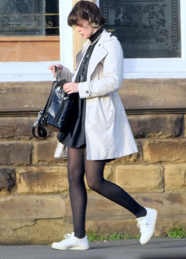 Street Pantyhose - Brit Slut in Black PH &amp; White Sneakers