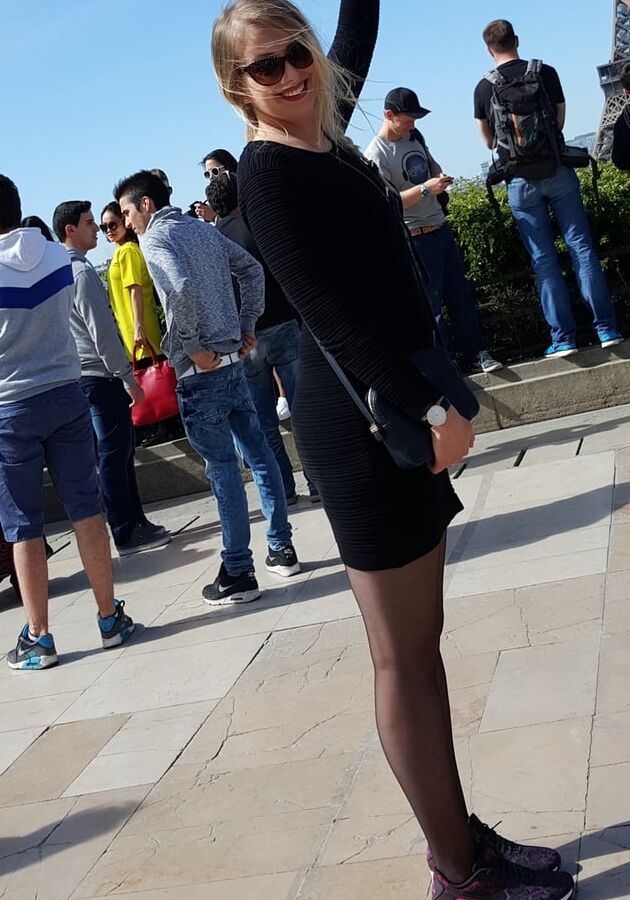 blonde black tight dress and pantyhose