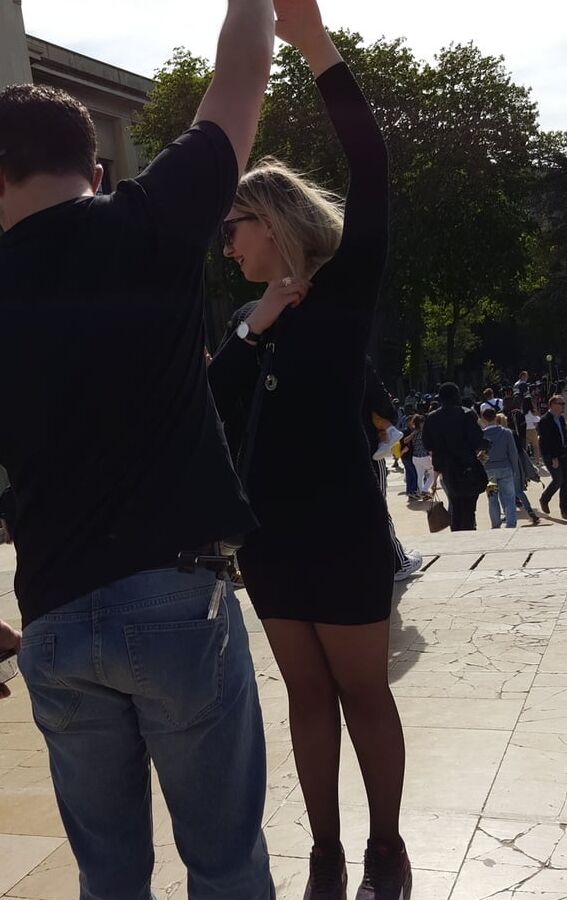 blonde black tight dress and pantyhose