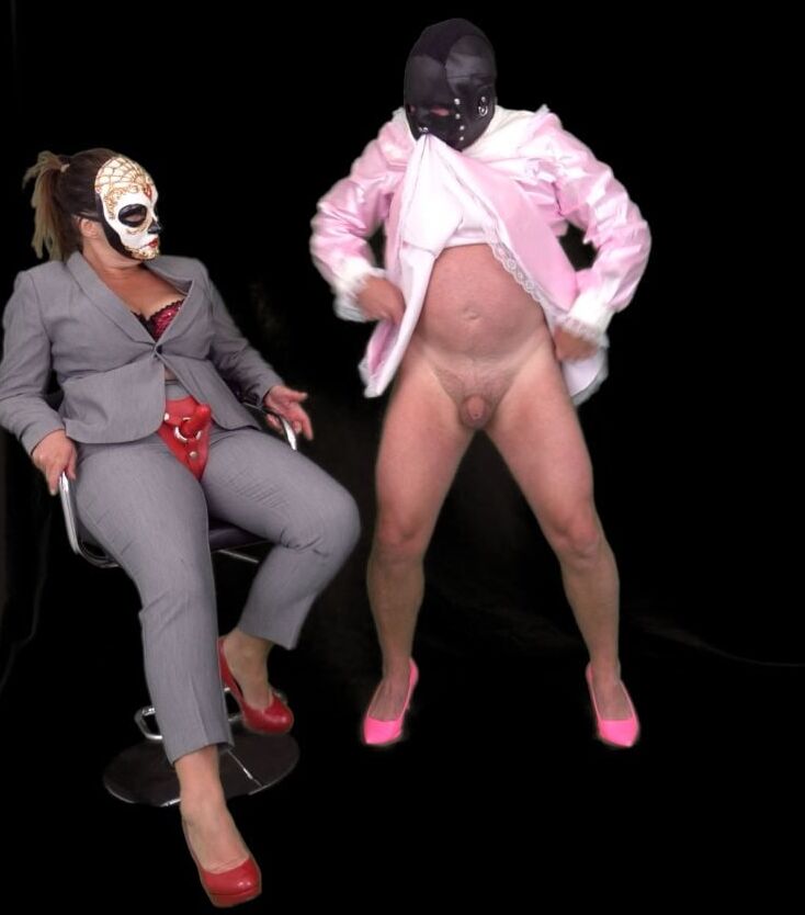 Femdom Mistress Humiliates Pink Sissy Slut Maid with Strapon