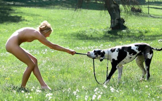 Nude walking the dog