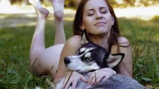 Nude walking the dog