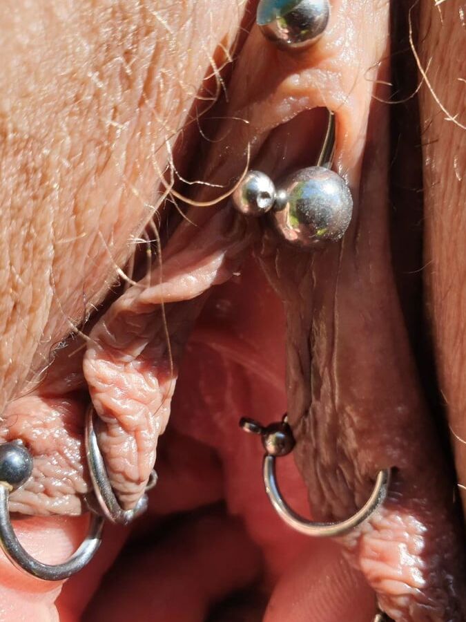 Her Nude Pierced Big Tits, Clit and wet Cunt Outdoor