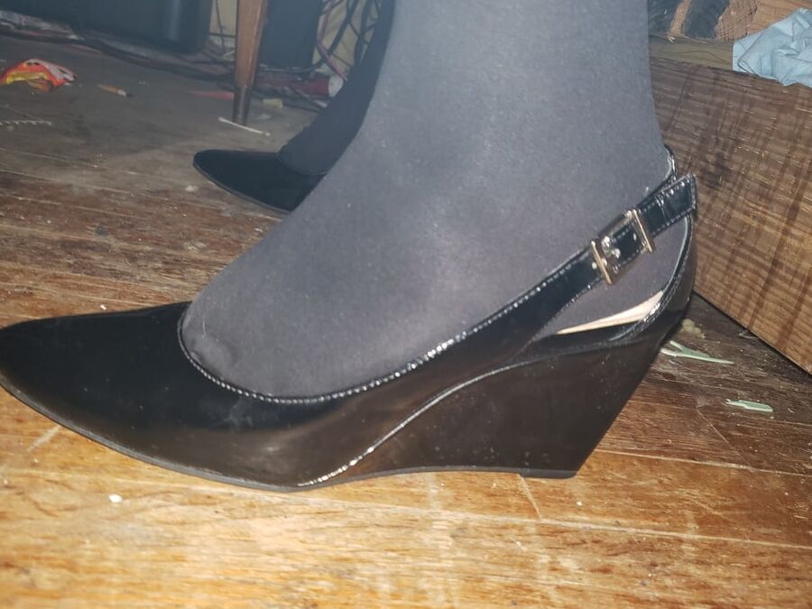 BCBGeneration "Blossom" Wedges - Black Pat.