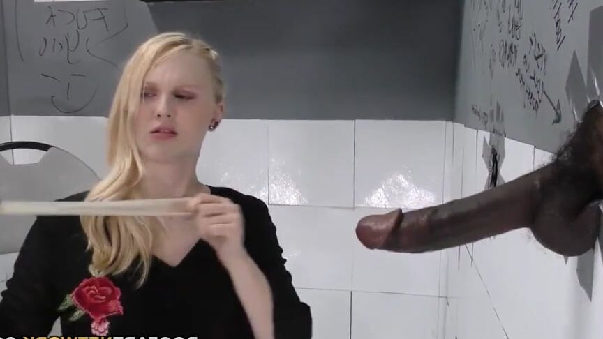 Gloryhole Blonde Rips Condom Off Black Cock