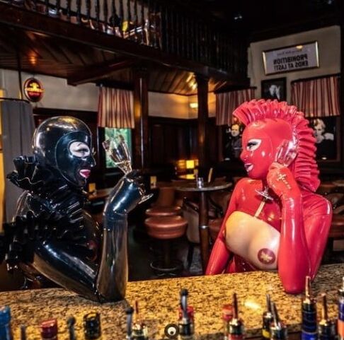 Drinking in latex rubber or leather