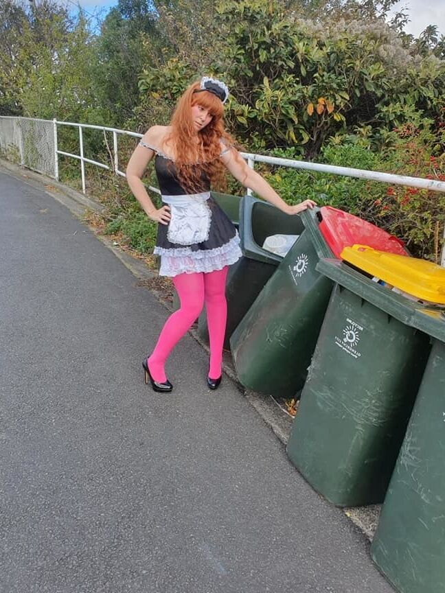 DRESSED UP TAKING TRASH OUT