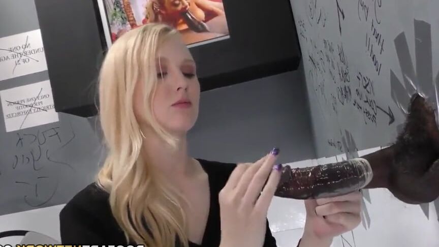 Gloryhole Blonde Rips Condom Off Black Cock