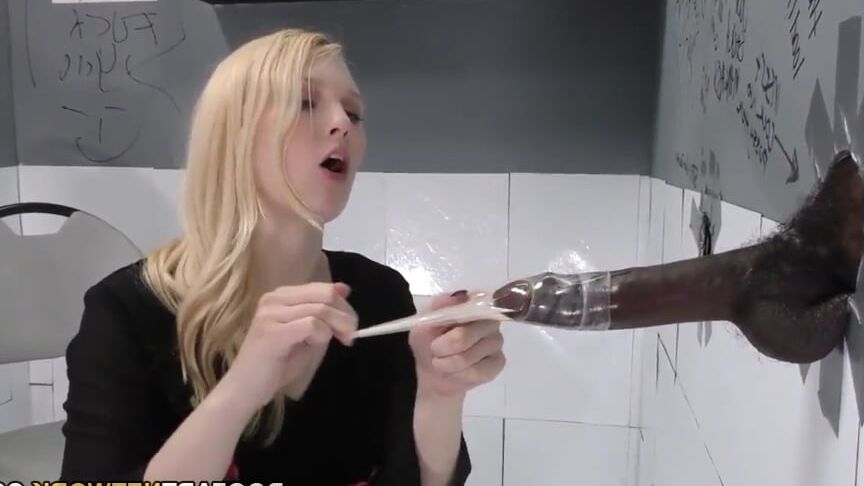 Gloryhole Blonde Rips Condom Off Black Cock