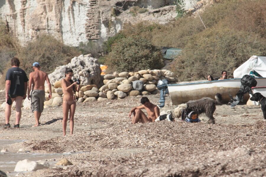 Tattooed Nudist Beach Slut with Dogs CMNF OON