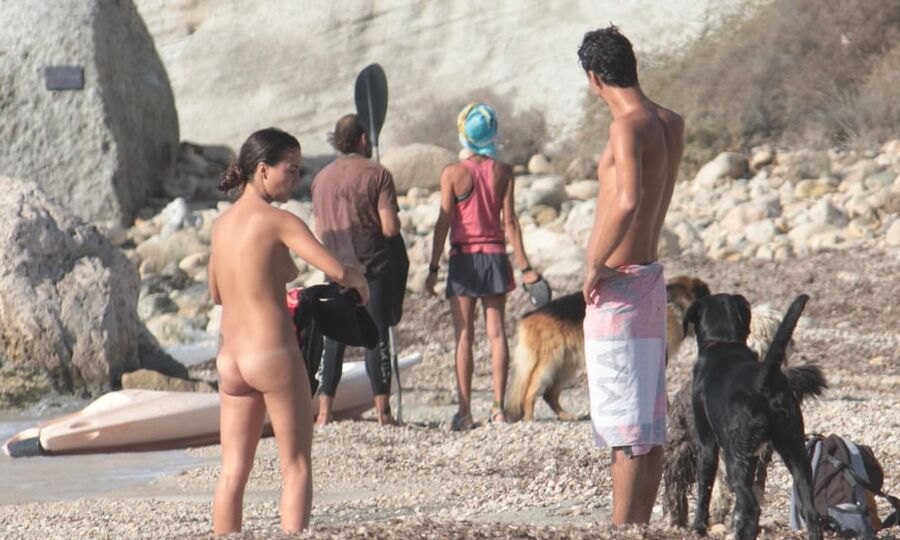 Tattooed Nudist Beach Slut with Dogs CMNF OON