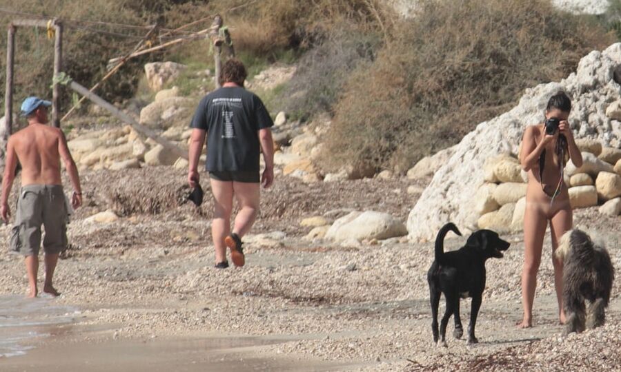 Tattooed Nudist Beach Slut with Dogs CMNF OON