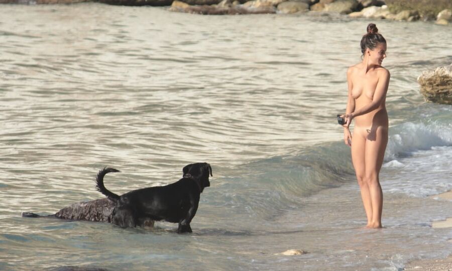 Tattooed Nudist Beach Slut with Dogs CMNF OON