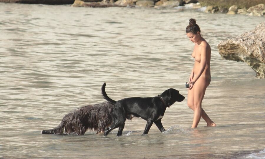 Tattooed Nudist Beach Slut with Dogs CMNF OON