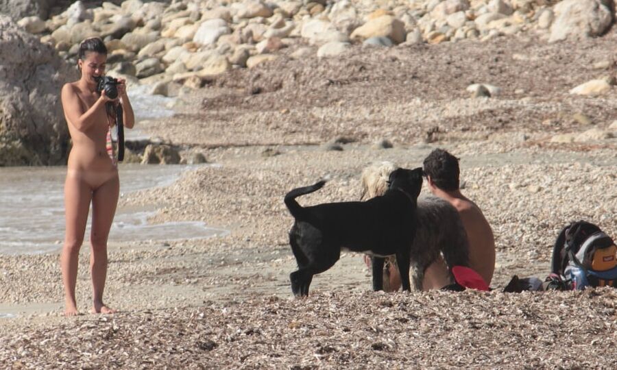 Tattooed Nudist Beach Slut with Dogs CMNF OON