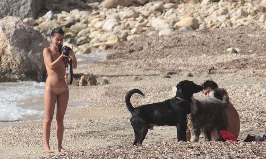 Tattooed Nudist Beach Slut with Dogs CMNF OON