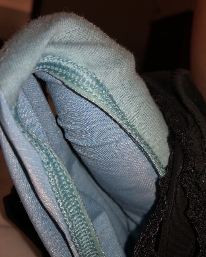 My cock, wife down pants and a pile of dirty panties