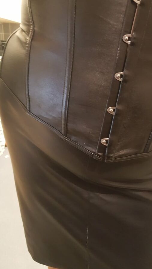 Black leather skirt and Corset