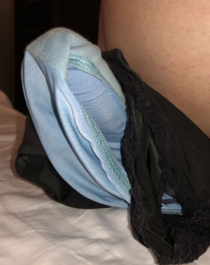 My cock, wife down pants and a pile of dirty panties