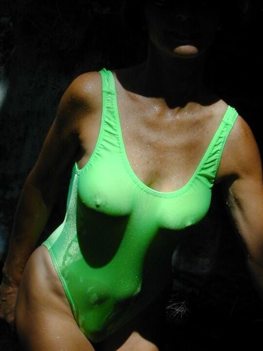 Sheer and wet amateur swim suits