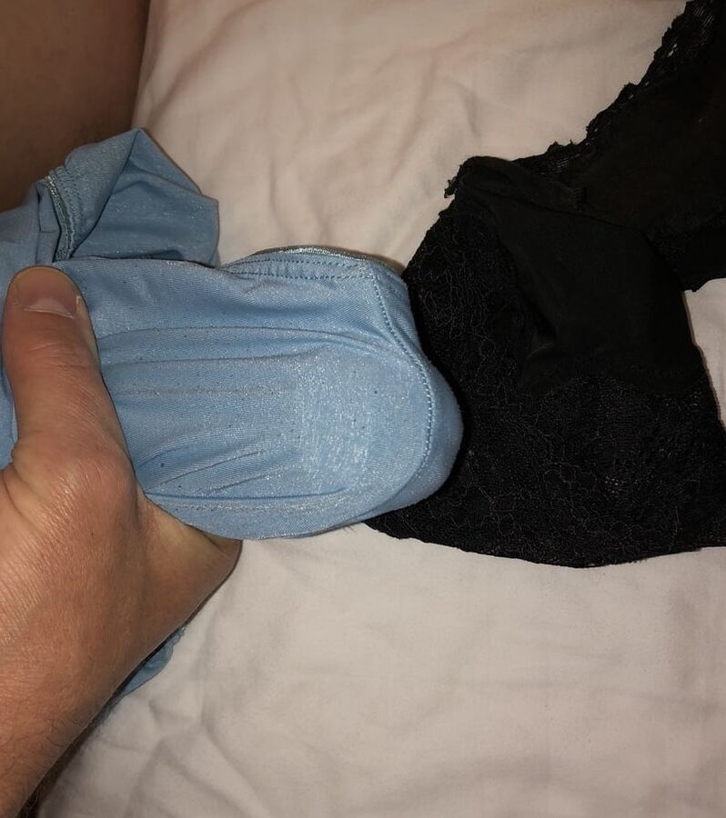 My cock, wife down pants and a pile of dirty panties
